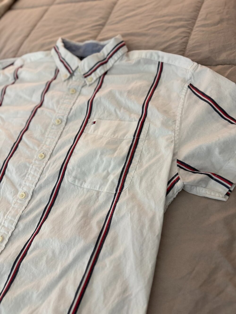 Tommy Hilfiger Mens XXL Shirt White Red Navy Stripe Short Sleeve Button Down